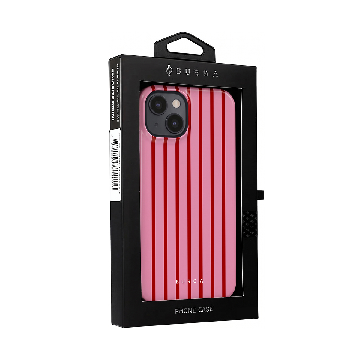 Roze telefoonhoesje met rode strepen voor iPhone, in zwarte verpakking.