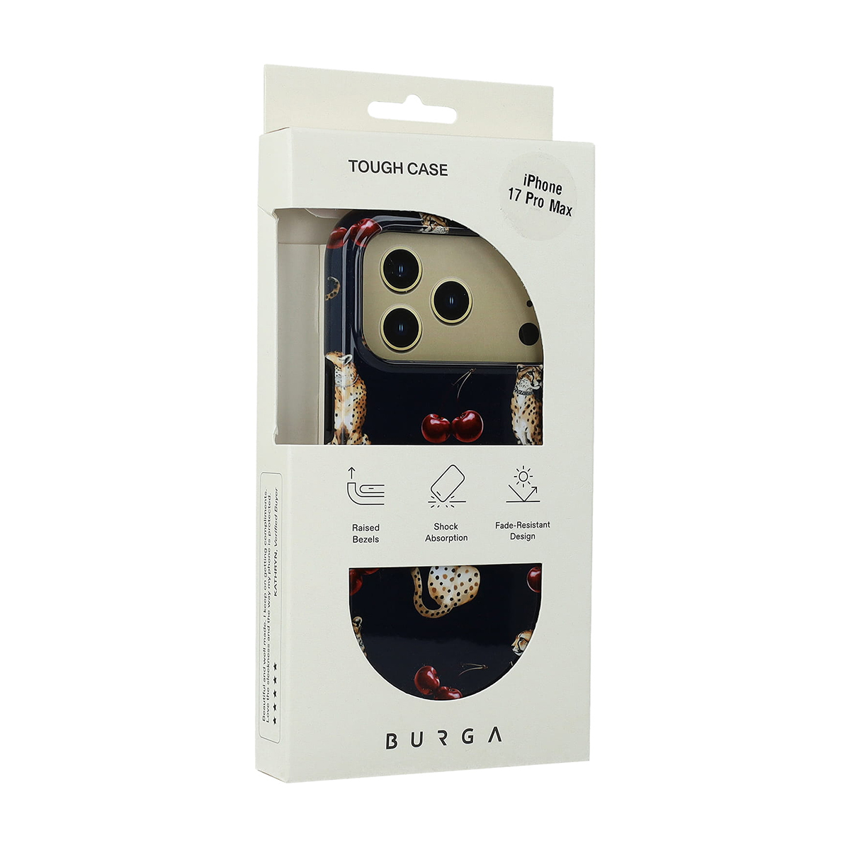 Emballage pour une coque résistante iPhone 17 Pro Max avec motif léopard et cerises.