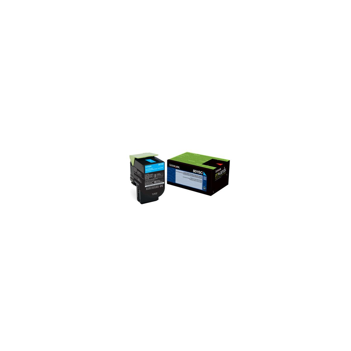 Een blauwe Lexmark 801SC tonercartridge doos en een cartridge.