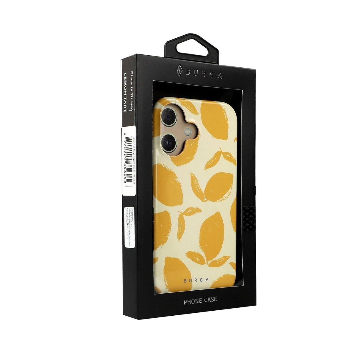 Une boîte noire présentant une coque de téléphone à motif citron.