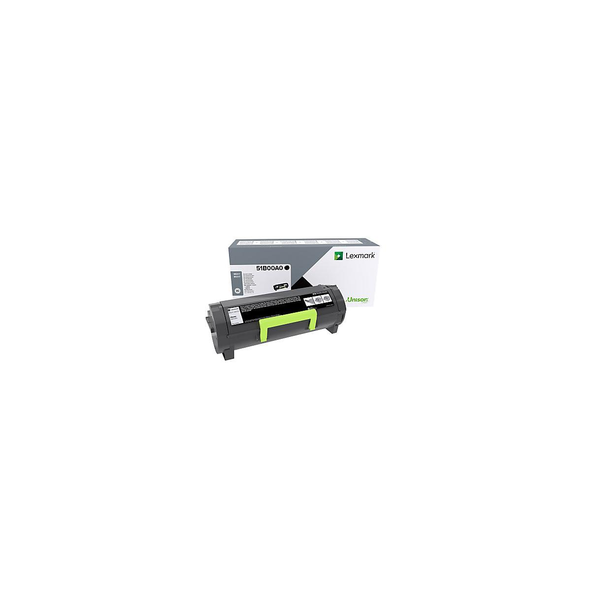 Cartuccia toner Lexmark nera con accento verde, accanto alla sua scatola.