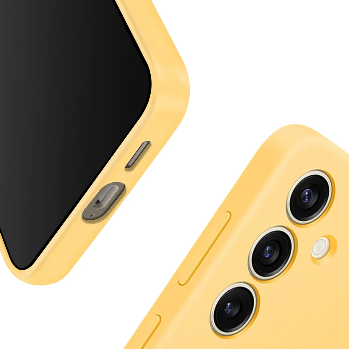 Funda de teléfono amarilla con módulo de cámara y botones.