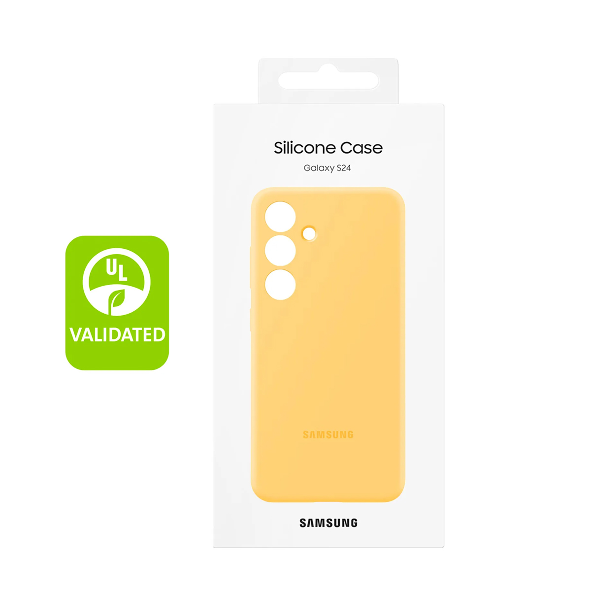 Funda de silicona amarilla para Samsung Galaxy S24 con logo UL validado.