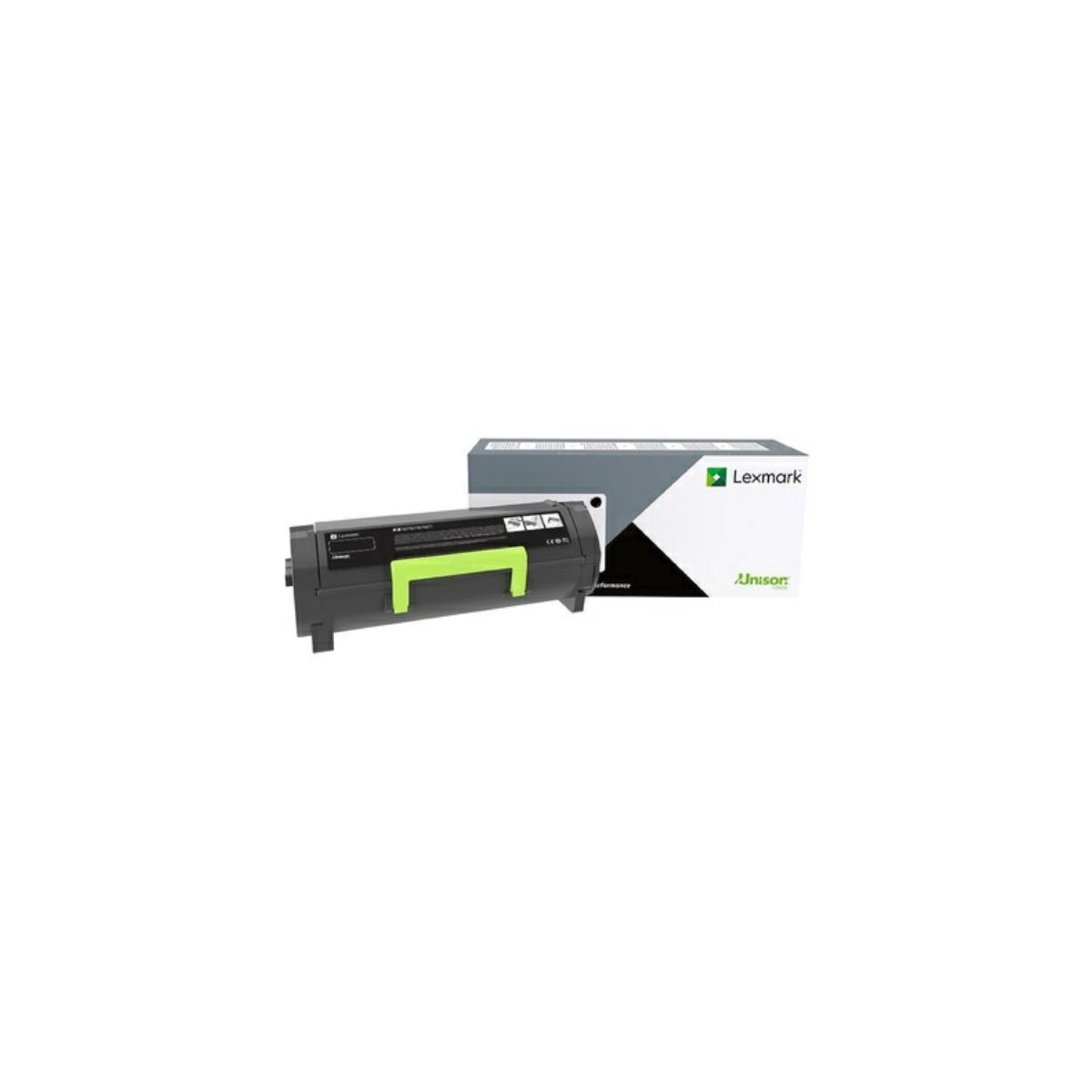 Cartouche de toner Lexmark avec poignée verte et boîte.