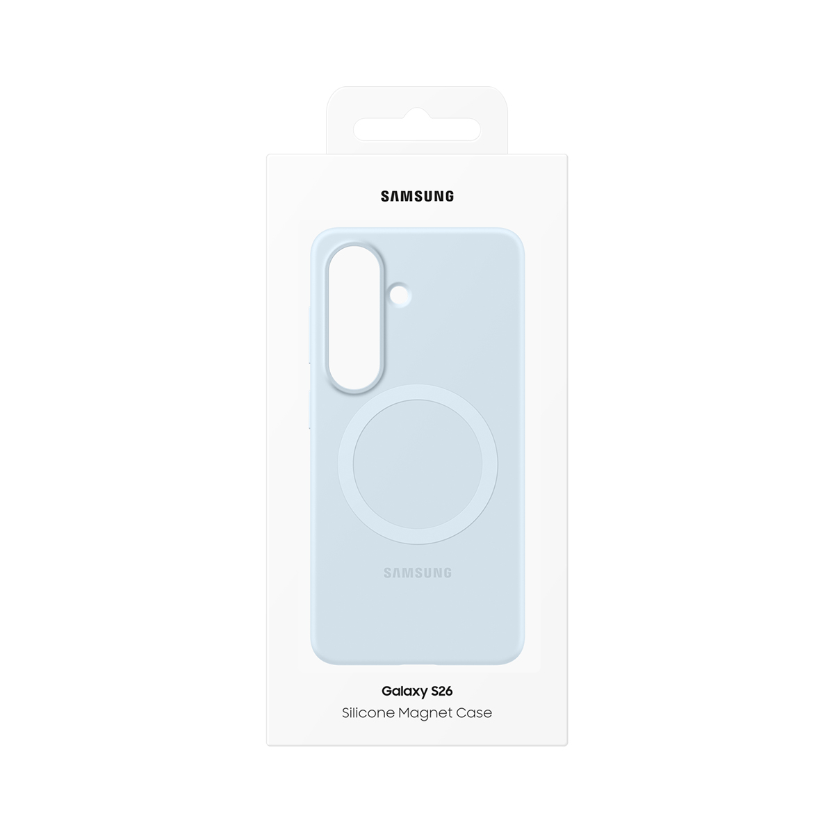 Helles blaues Samsung Galaxy S26 Silikon-Magnet-Case in Verpackung.