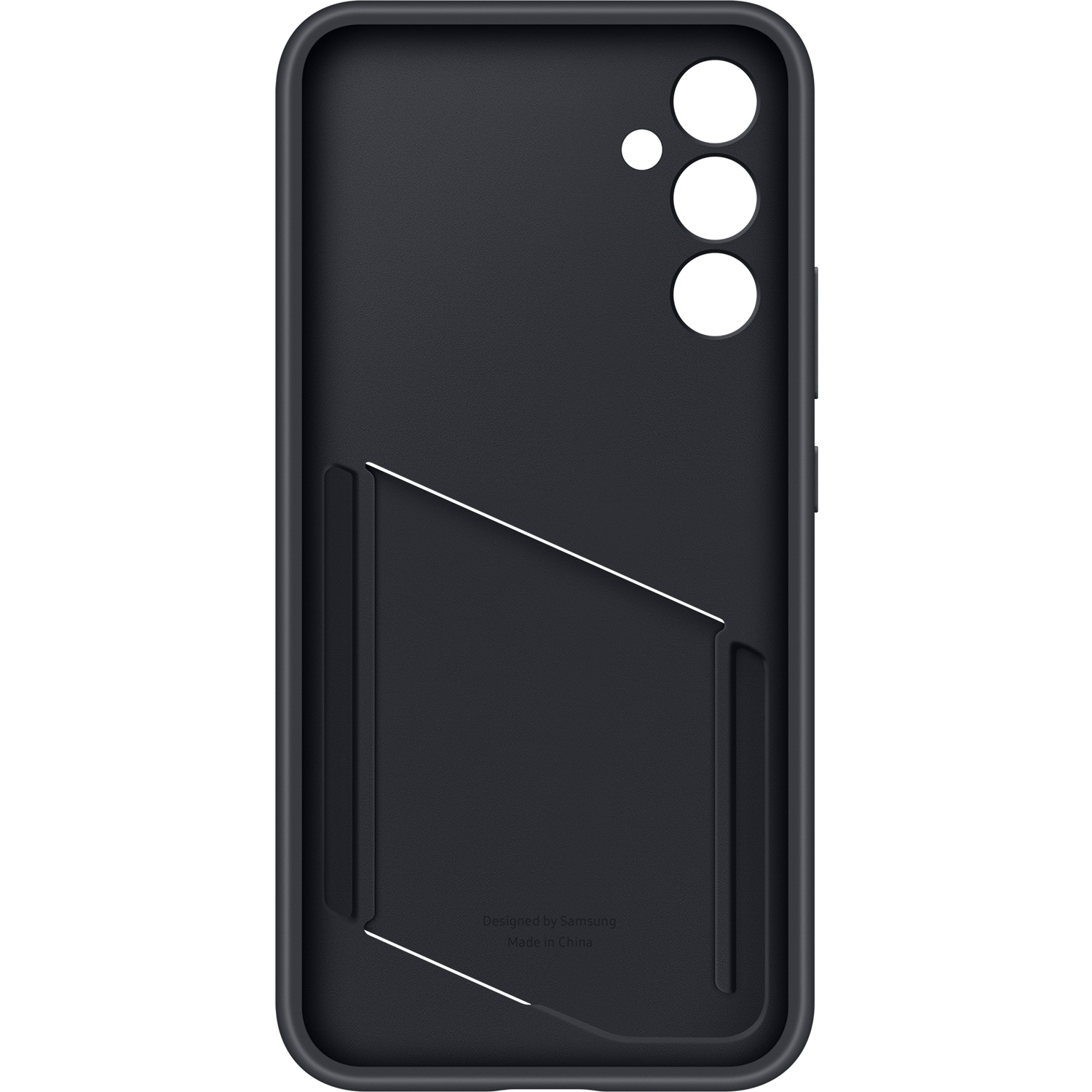 Funda de teléfono gris oscuro con recortes para cámara y ranura para tarjetas.