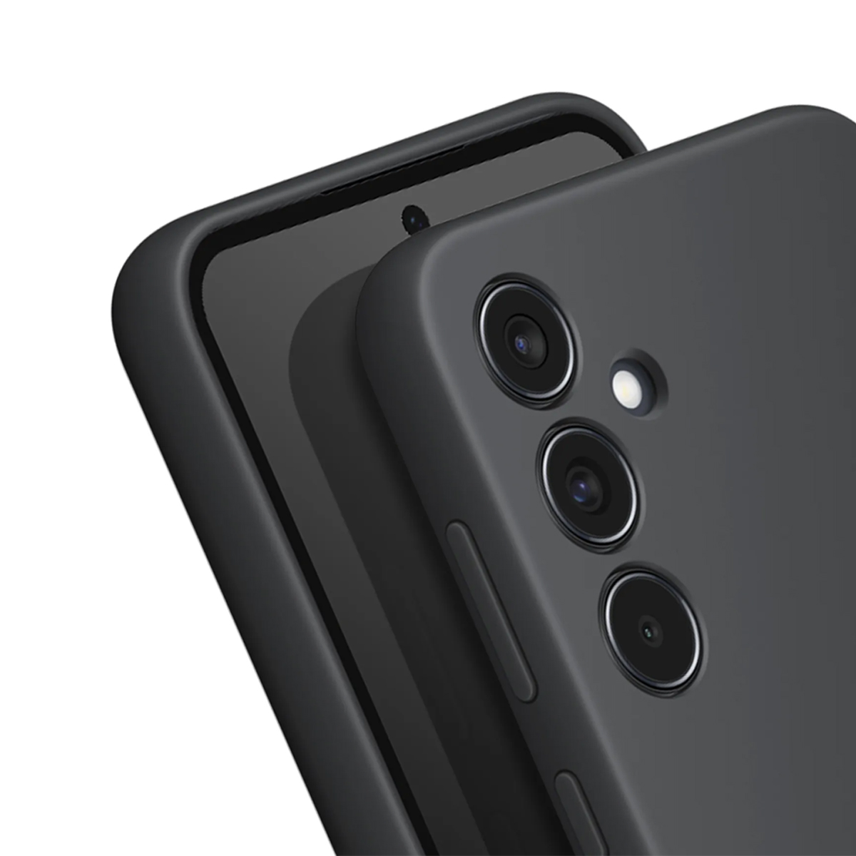 Primo piano di una custodia per telefono nera con tre obiettivi e un flash.