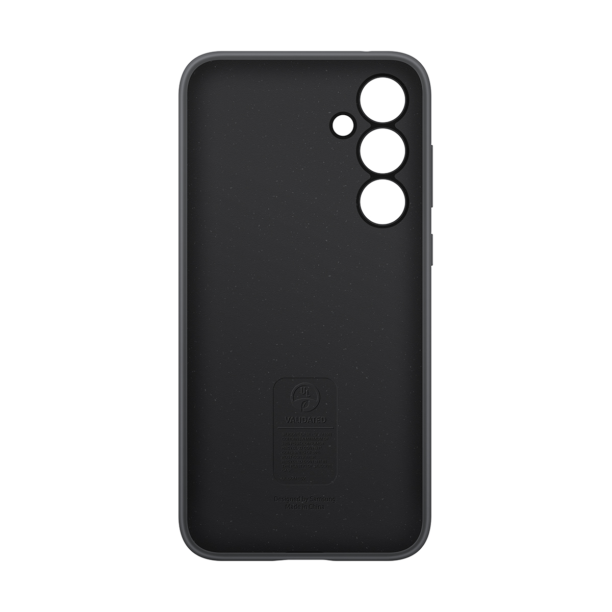 Custodia nera per telefono con tre fori rotondi per fotocamera e testo.