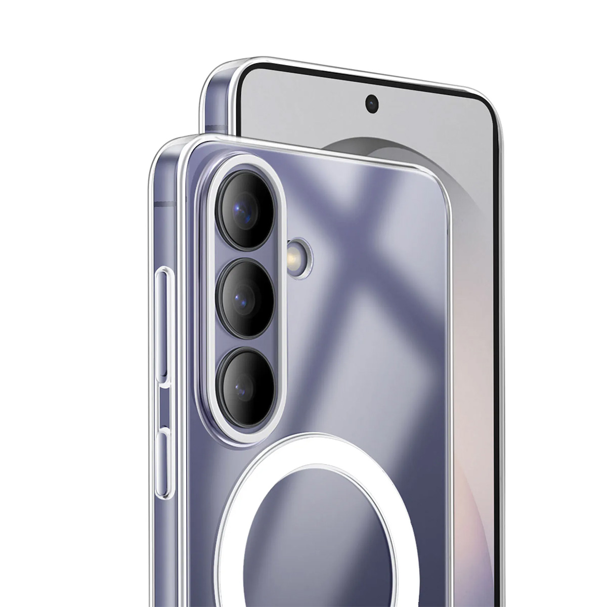 Custodia trasparente per telefono con tre fotocamere e un anello bianco su sfondo bianco.