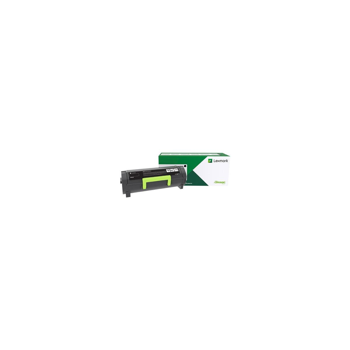 Een zwarte tonercartridgekop en een groene Lexmark-doos.