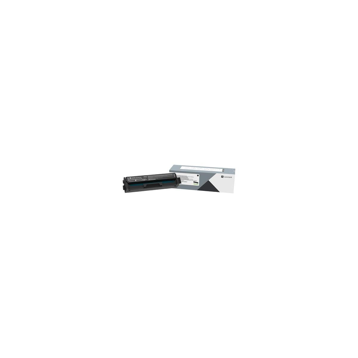 Lexmark zwarte tonercartridge in doos, grijs en witte verpakking met logo.