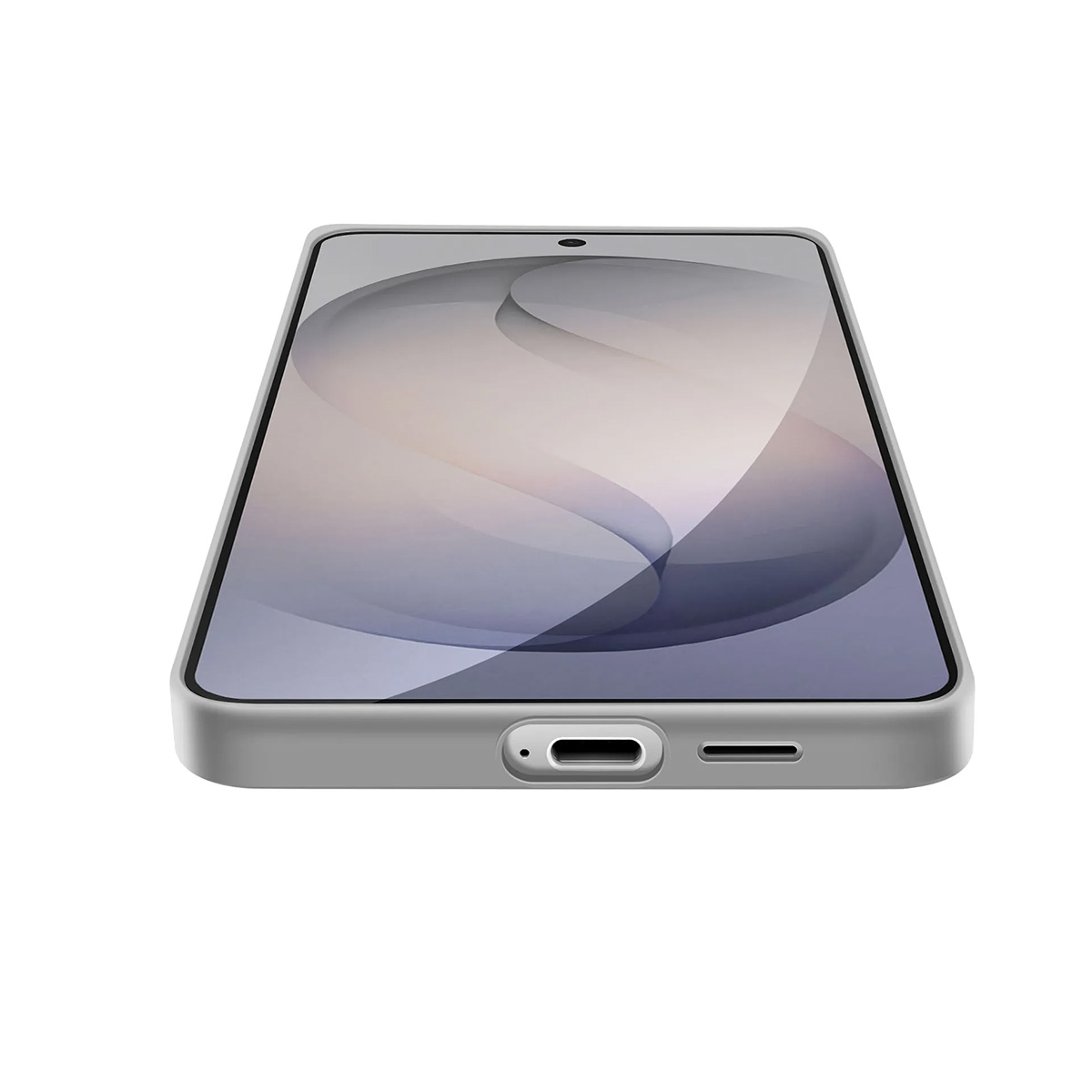 Teléfono inteligente gris con pantalla en horizontal, carga por USB-C.
