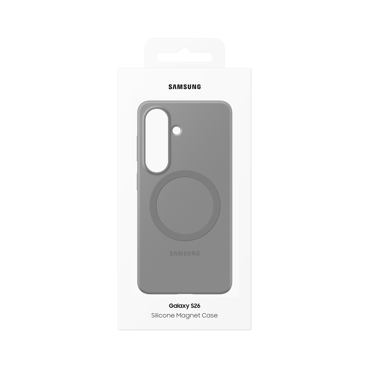 Funda de silicona gris Samsung Galaxy S26 con anillo magnético en embalaje.
