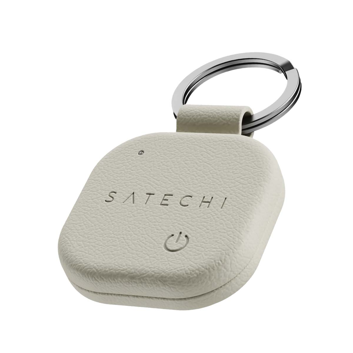 Ein hellgrauer Satechi-Schlüsselanhänger mit Power-Button-Symbol. Silberner Ring.