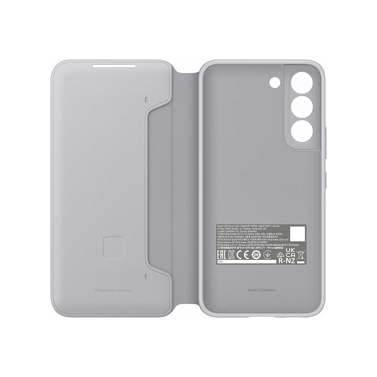 Funda gris Samsung Smart LED View Cover, abierta, muestra texto de información.