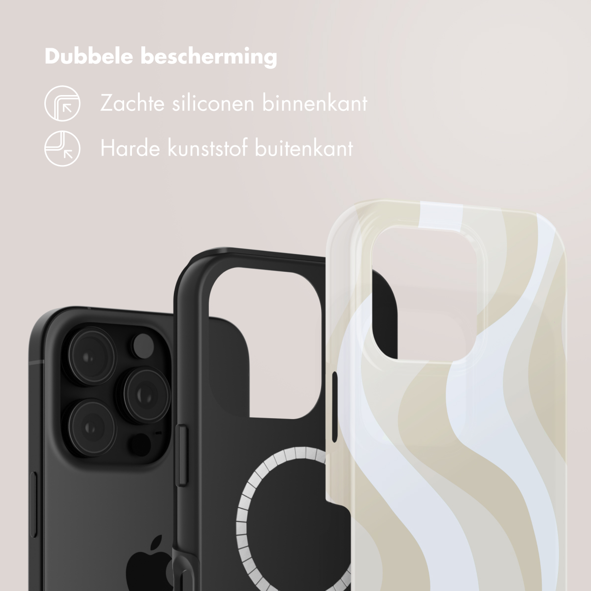 Trois coques d'iPhone : une noire avec appareils photo, une noire centrale et une claire.