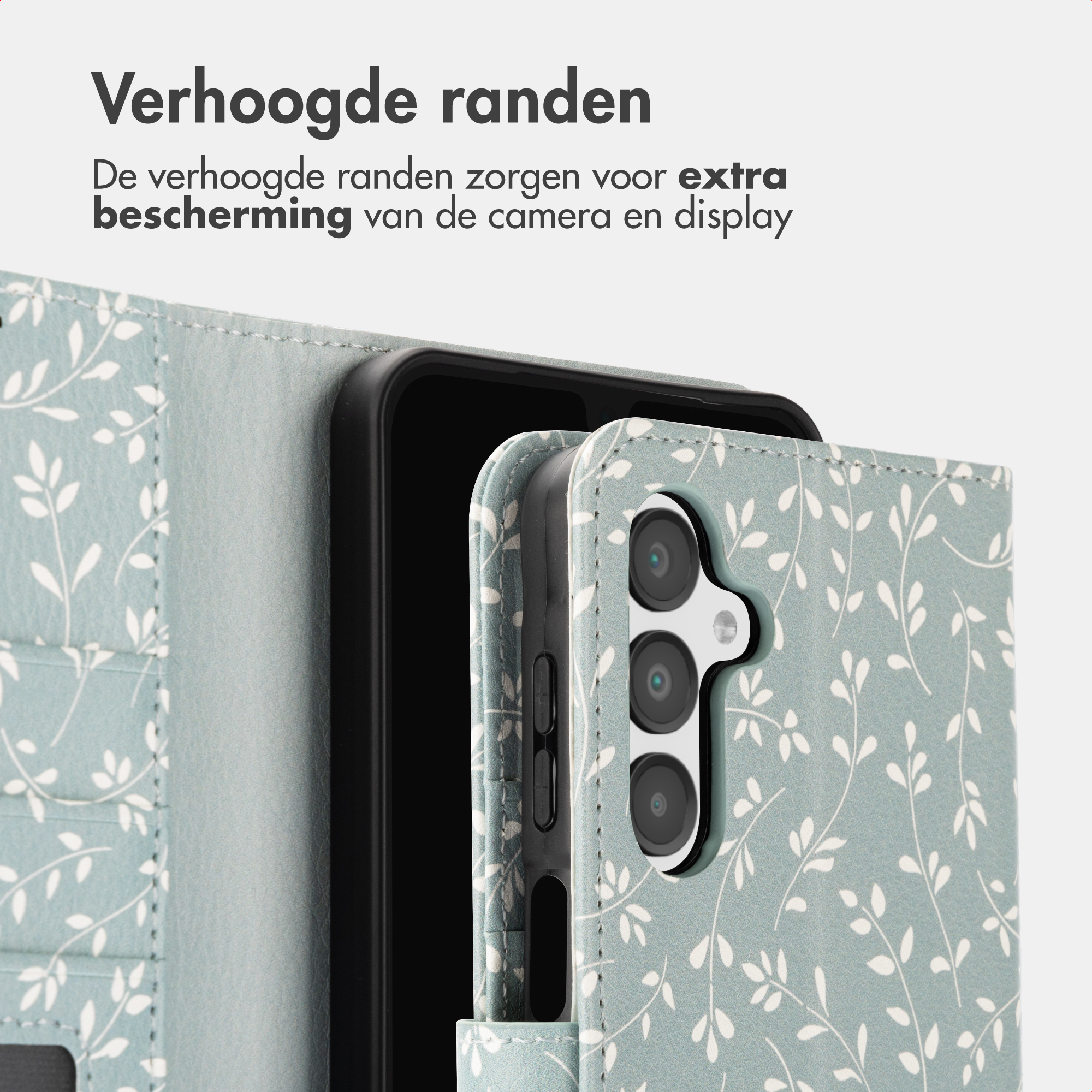 Un téléphone dans un étui bleu à motif floral avec bords surélevés.