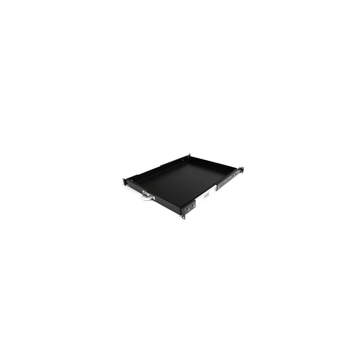 Un estante negro para rack con asas y rieles plateados sobre fondo blanco.