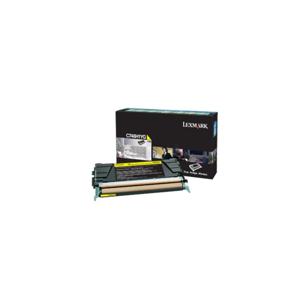 Cartuccia toner Lexmark gialla con scatola, modello C748H1YG.
