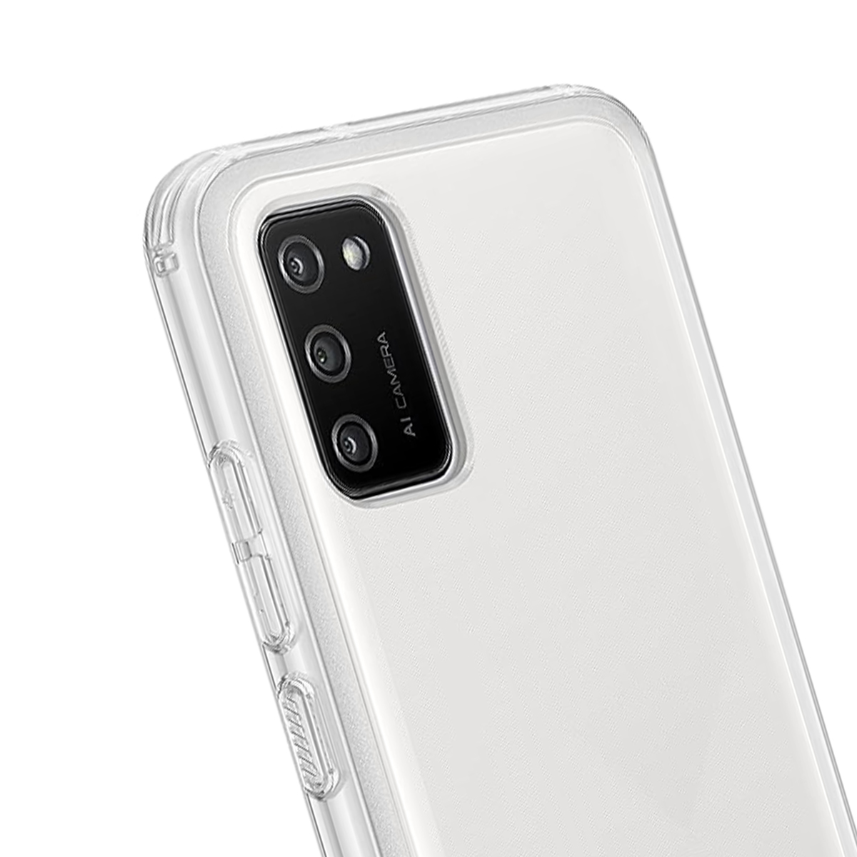 Custodia trasparente per telefono con modulo fotocamera e pulsanti laterali.