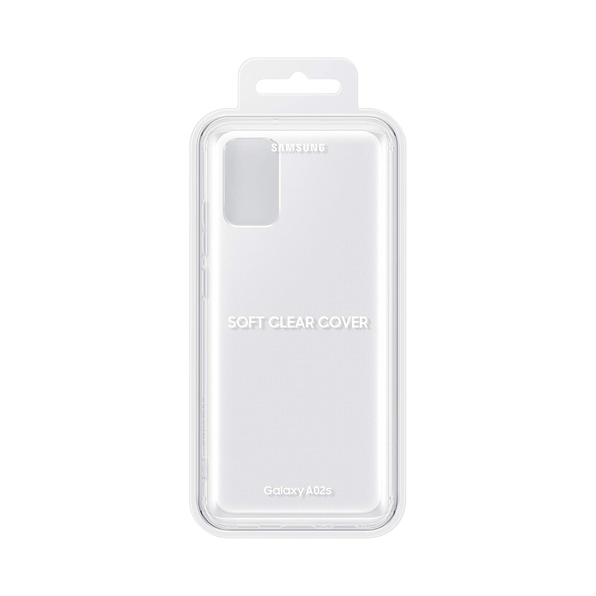 Una cover morbida trasparente Samsung per Galaxy A02s in confezione.