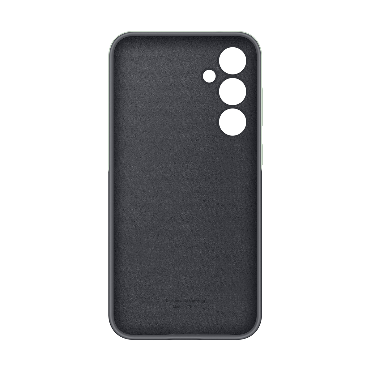 Funda de teléfono gris oscuro con tres recortes redondos para cámara.