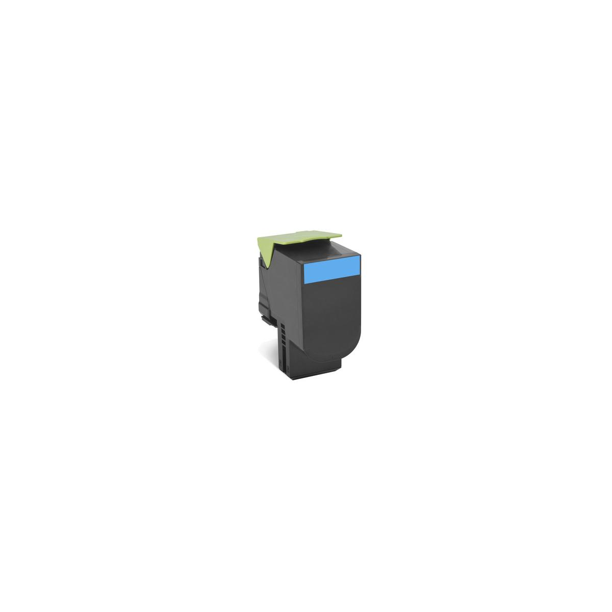 Cartuccia toner nera con striscia blu e coperchio verde su sfondo bianco.