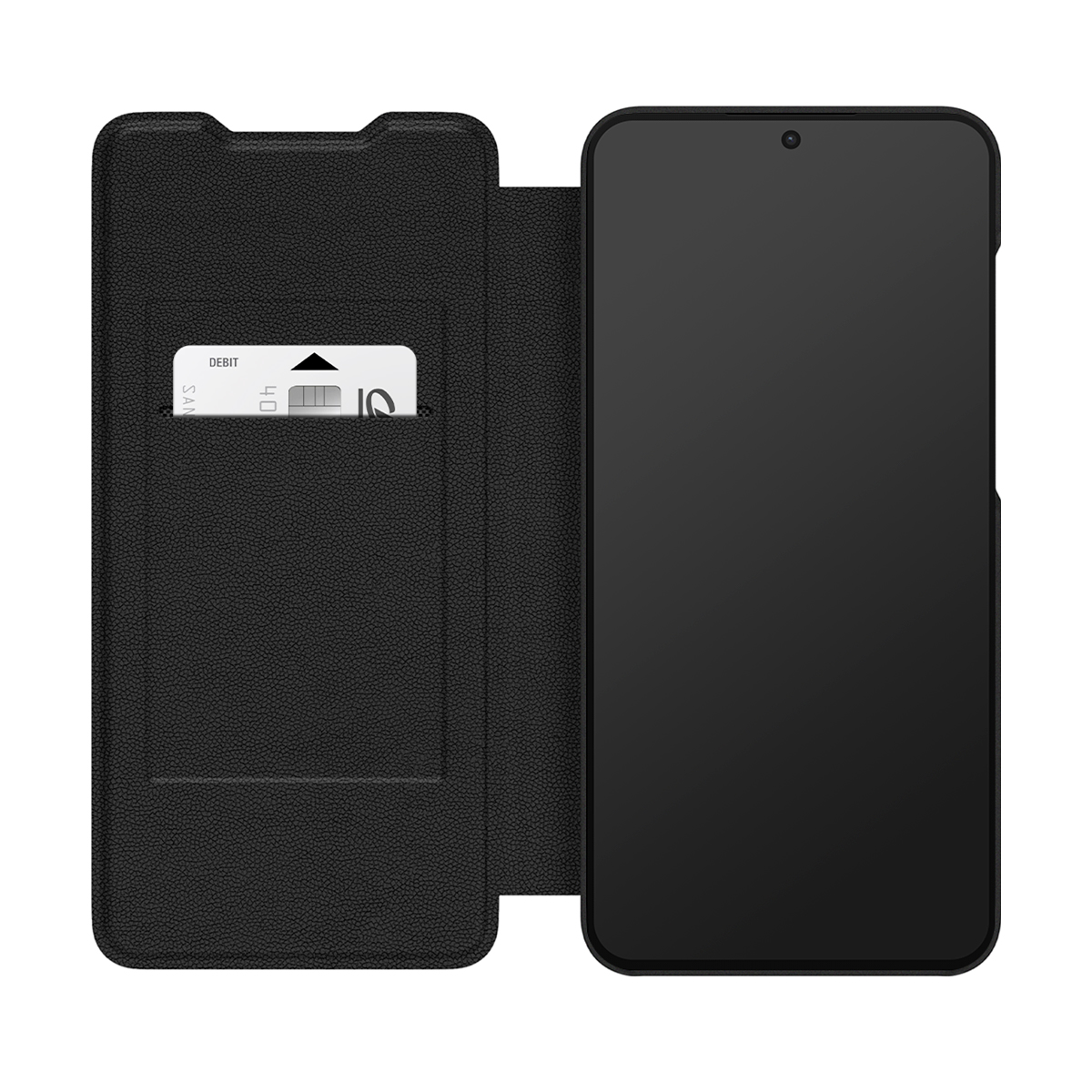 Copertina nera per smartphone con porta carte contenente una carta di debito.