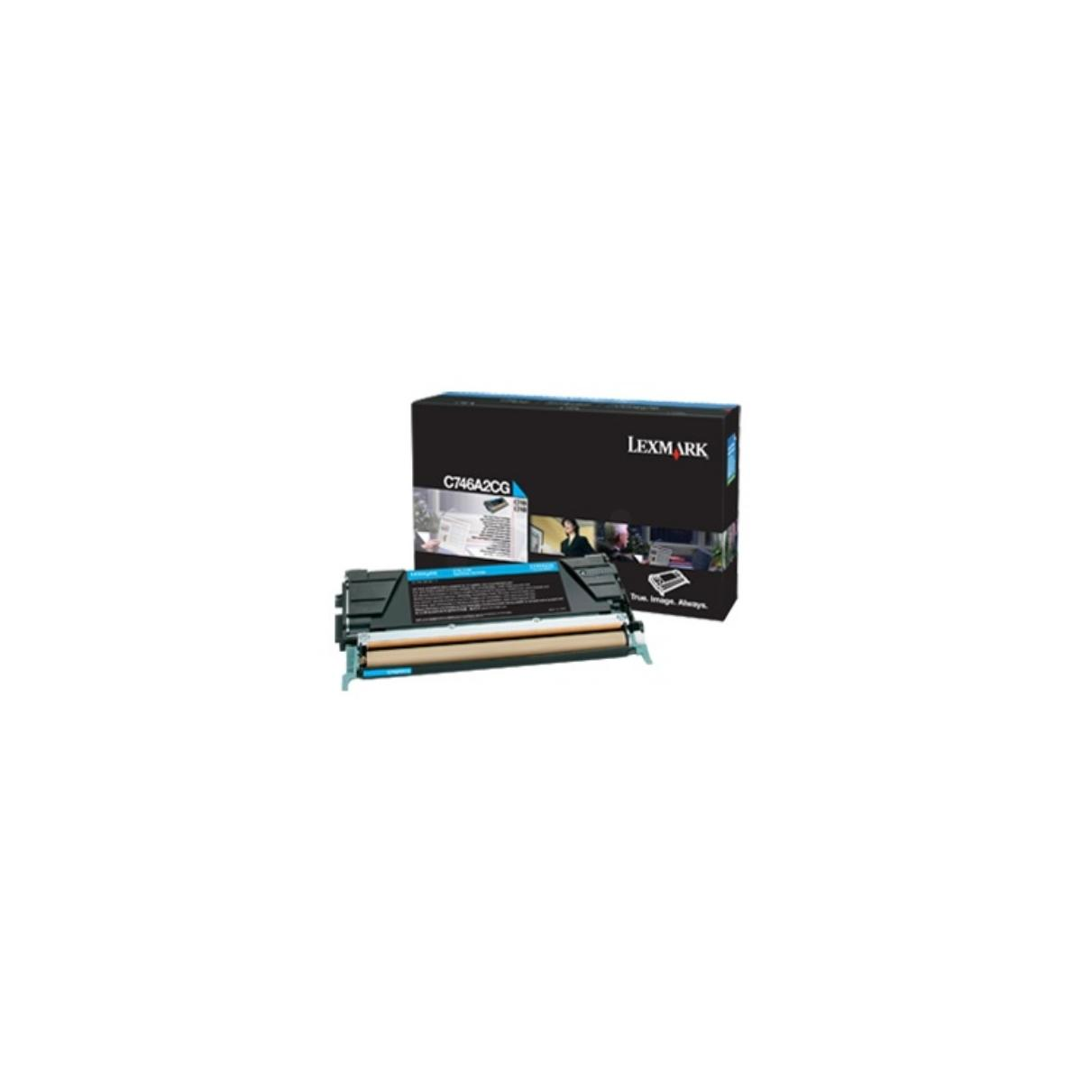 Lexmark toner en doos, model C746A2CG, op witte achtergrond.