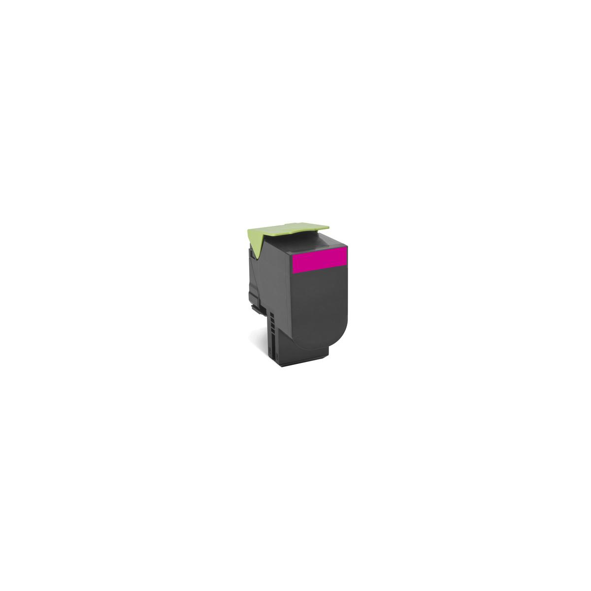 Una cartuccia d'inchiostro magenta con cappuccio verde lime su sfondo bianco.