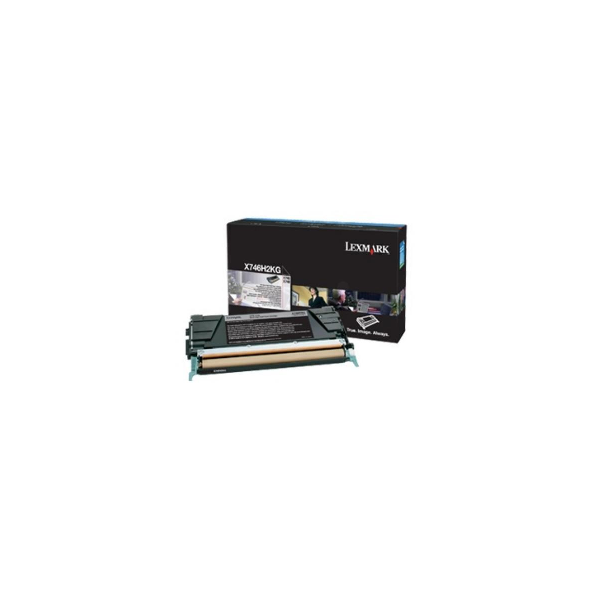 Een Lexmark X746H2KG toner en de doos ervan op witte achtergrond.
