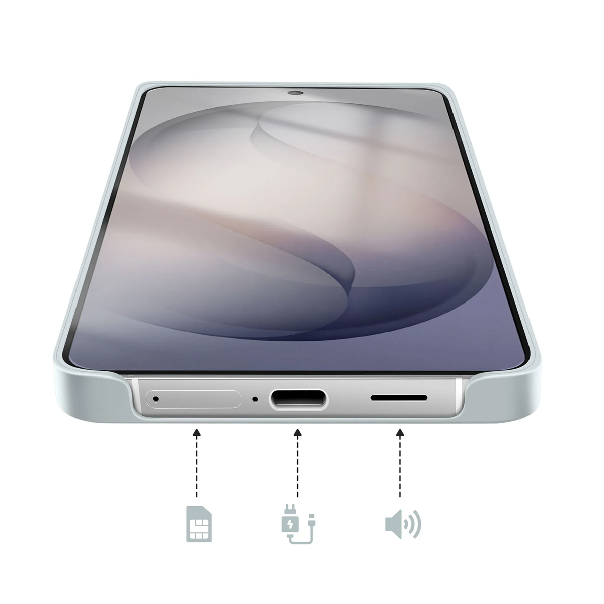 Uno smartphone grigio chiaro con porta USB-C e icone dell'altoparlante.