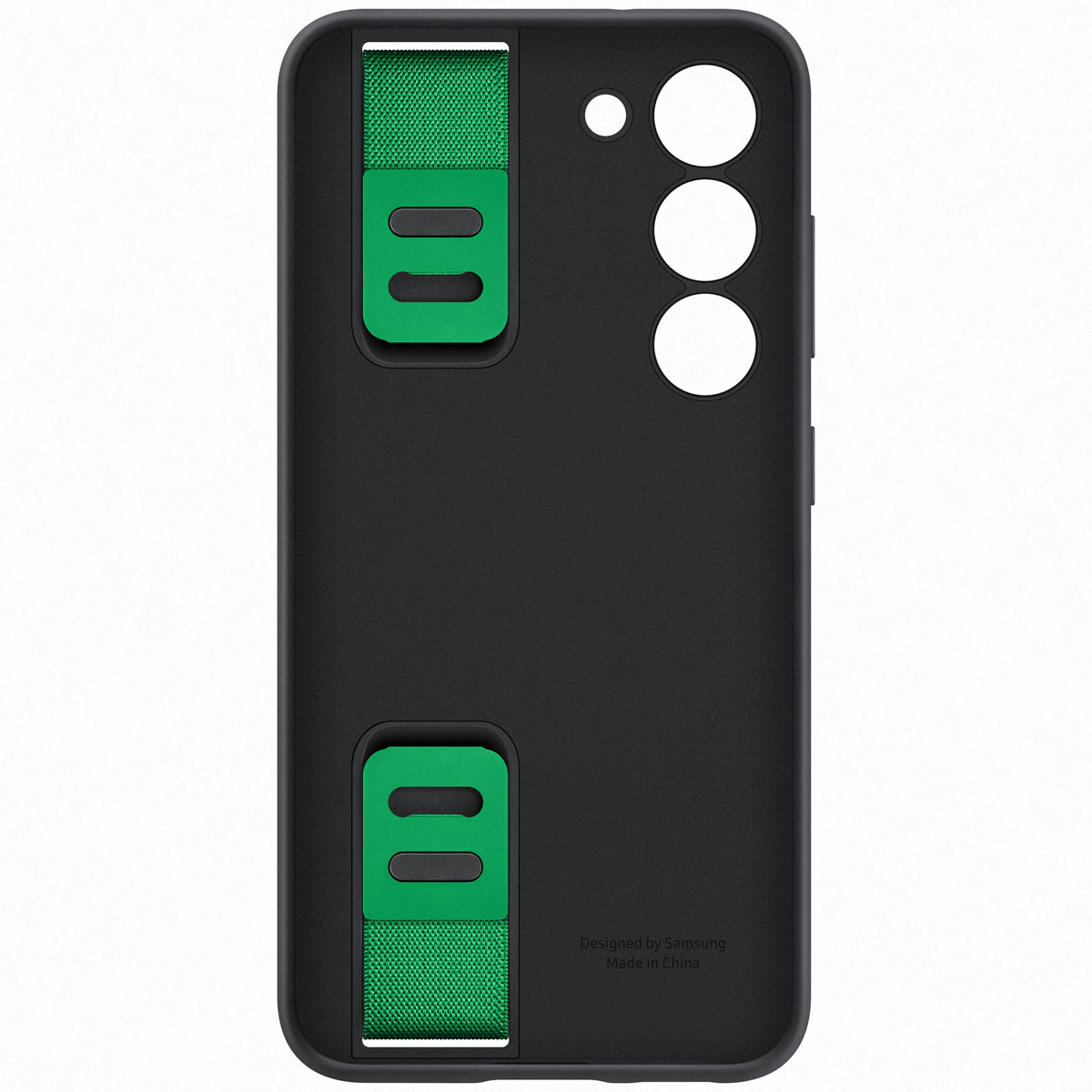 Custodia nera per telefono con due cinturini verdi e isola della fotocamera.