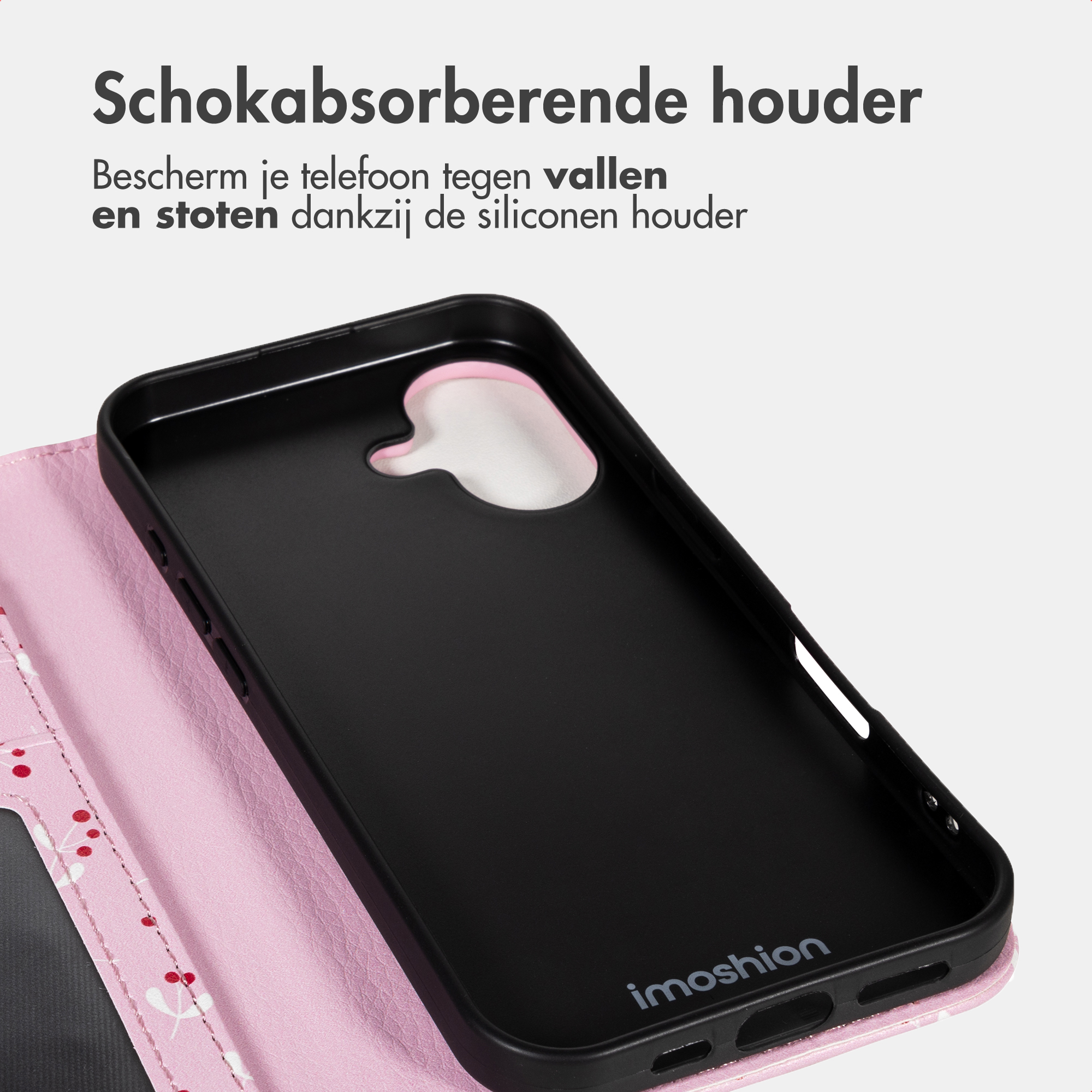 Zwarte telefoonhoes binnenkant met roze bloemenpatroon klep. Imoshion logo.
