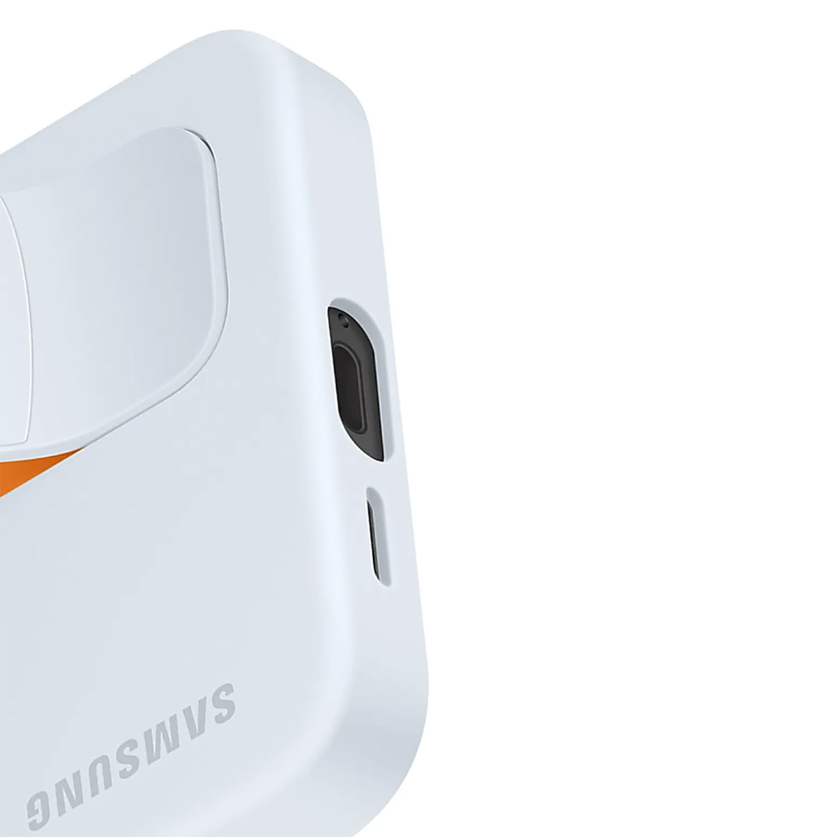Un dispositivo Samsung blanco con acento naranja y puerto negro.