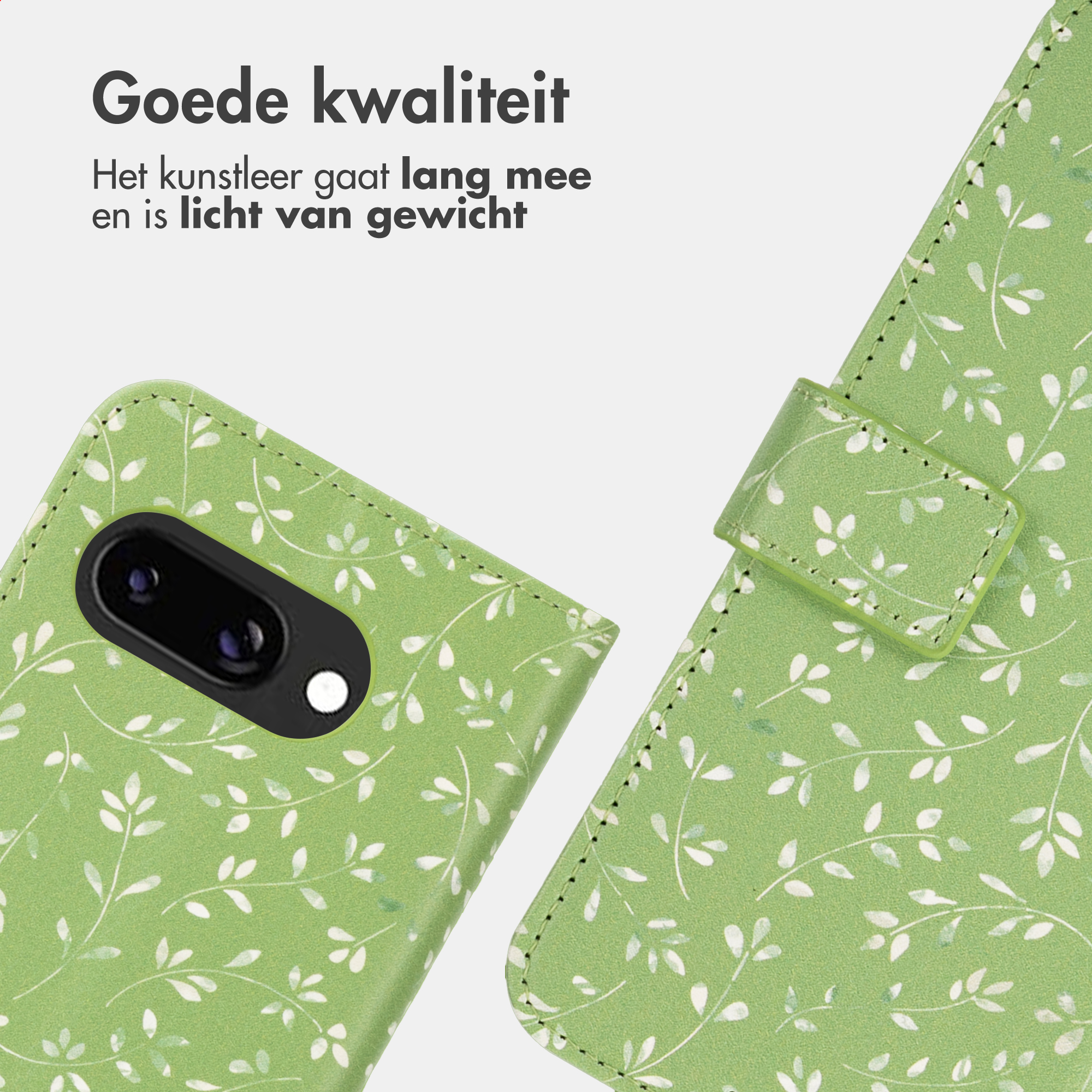 Groene telefoonhoes met wit bladerpatroon en zichtbare camera.