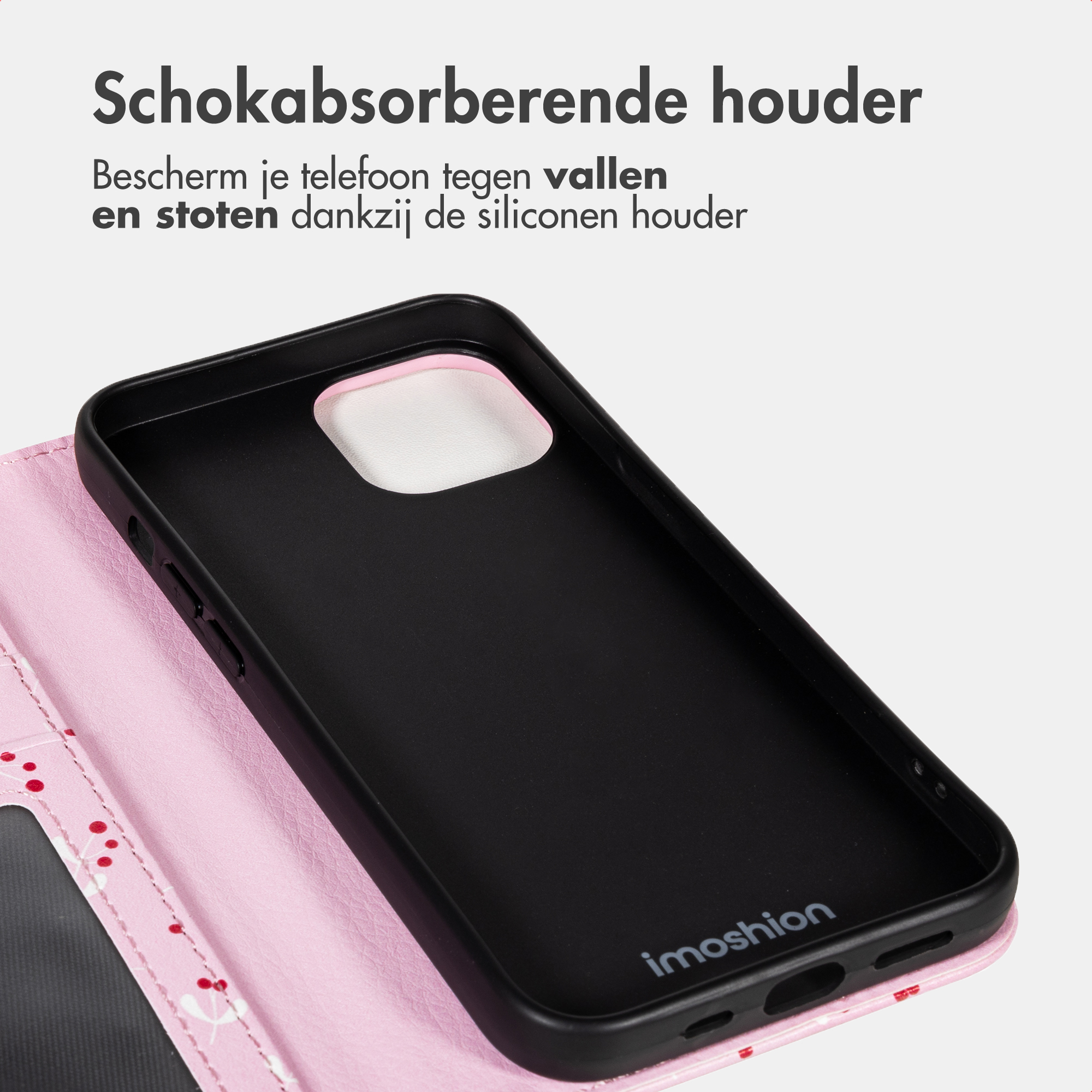 Coque de téléphone noire avec motif floral rose et fenêtre transparente.