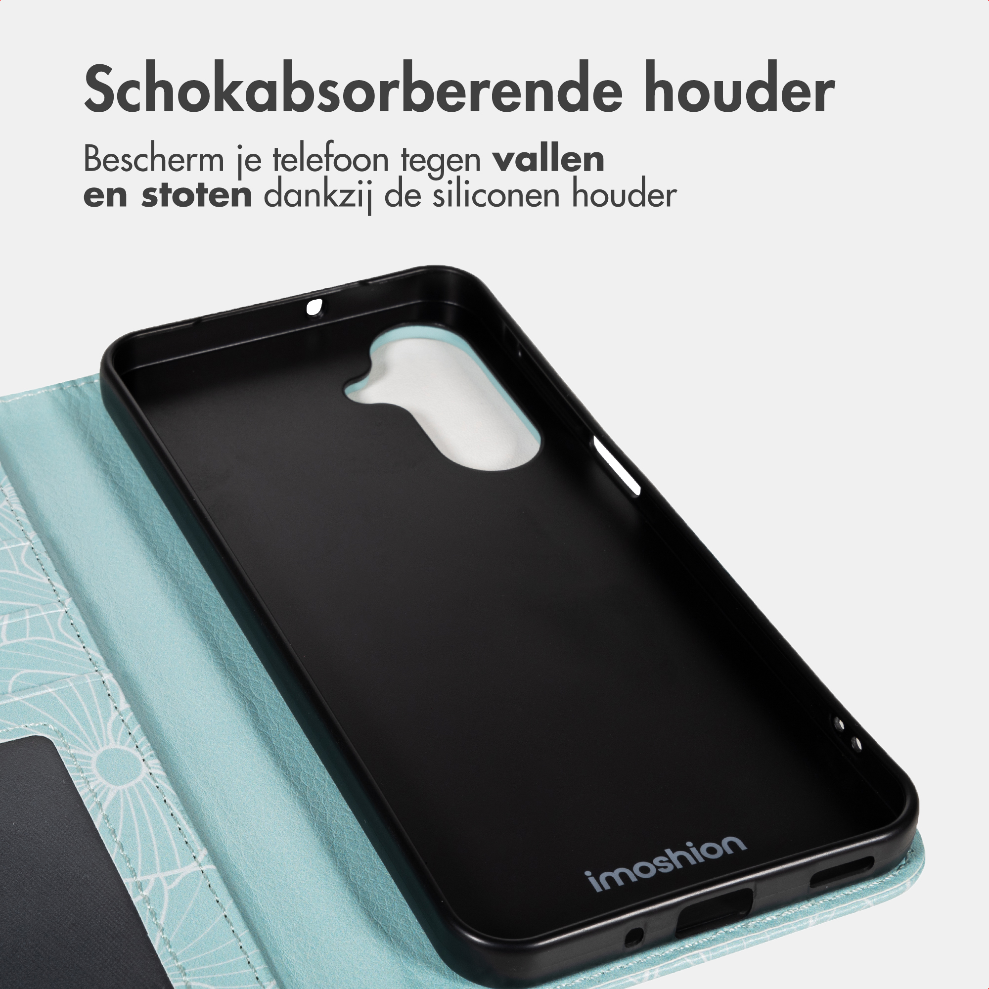 Coque de téléphone noire à motif bleu, support de téléphone intérieur visible.