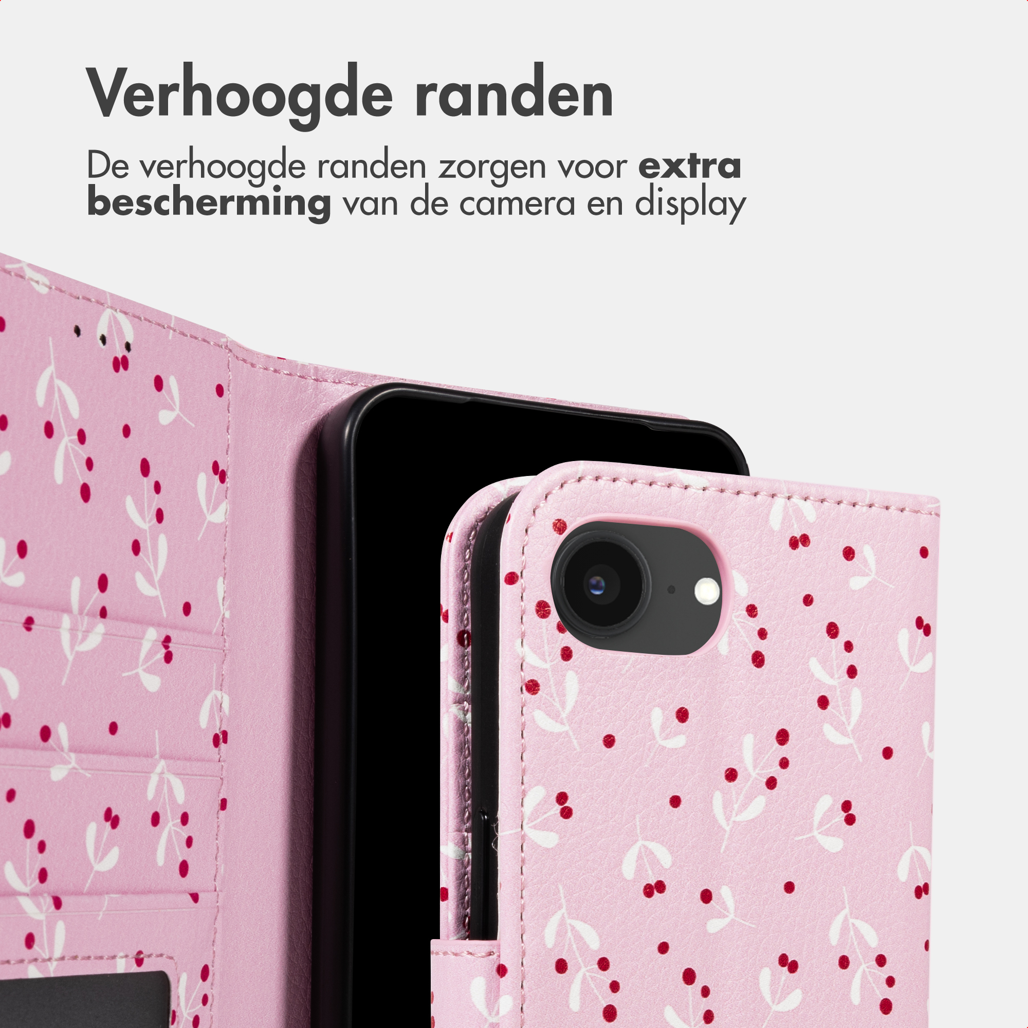 Roze telefoonhoesje met kersenpatroon, toont camera en display.