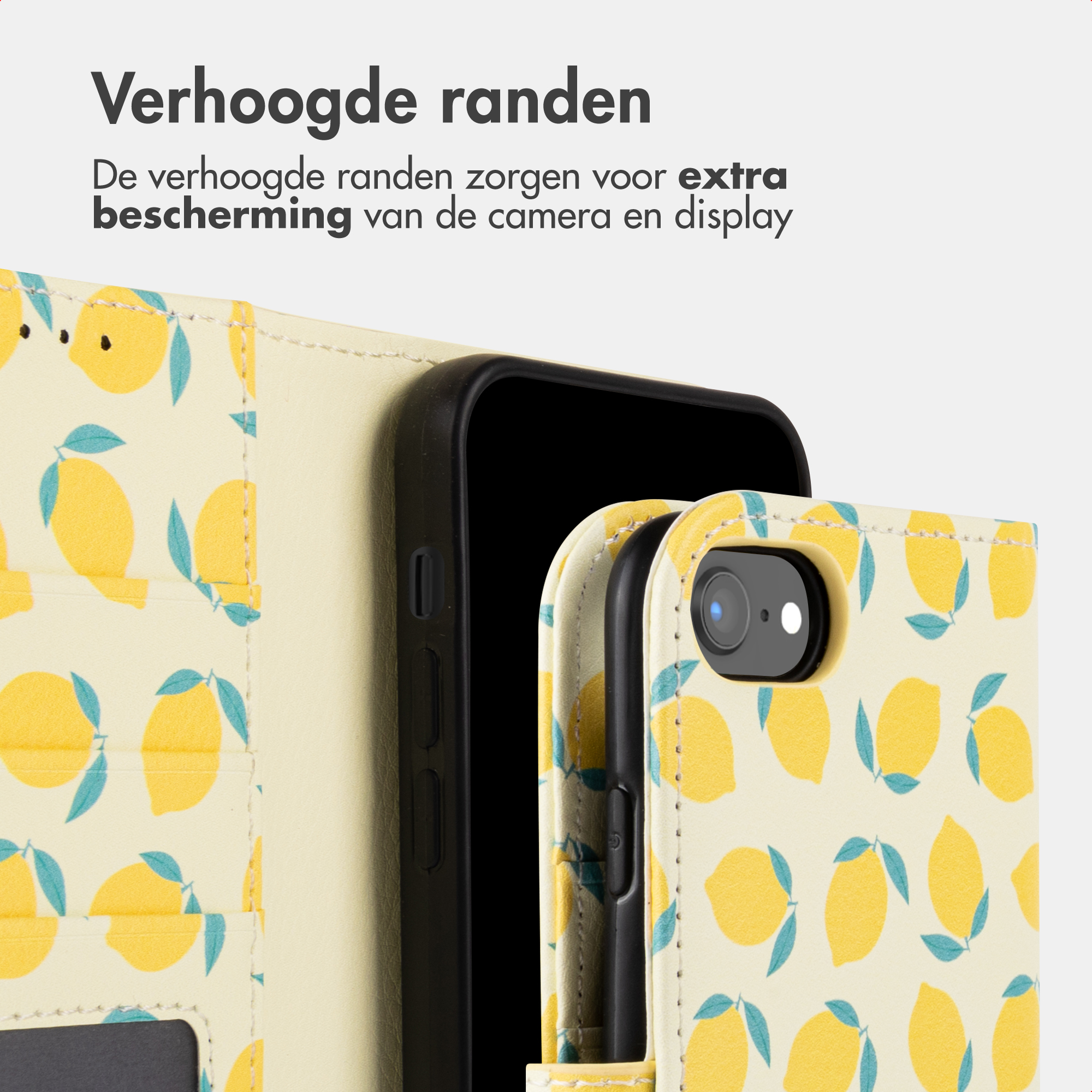 Een lichtgele telefoonhoes met citroenpatroon dat een smartphone beschermt.