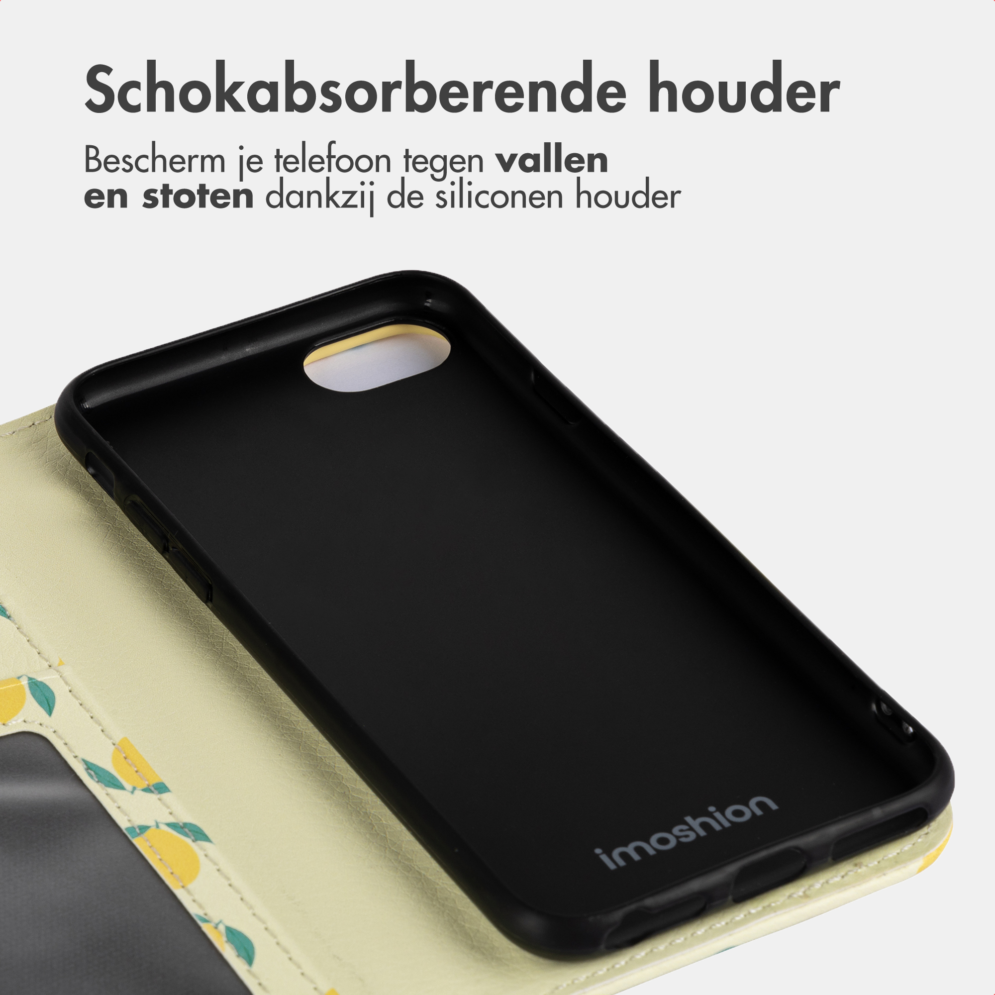 Zwarte telefoonhoes met citroenpatroon, open getoond.