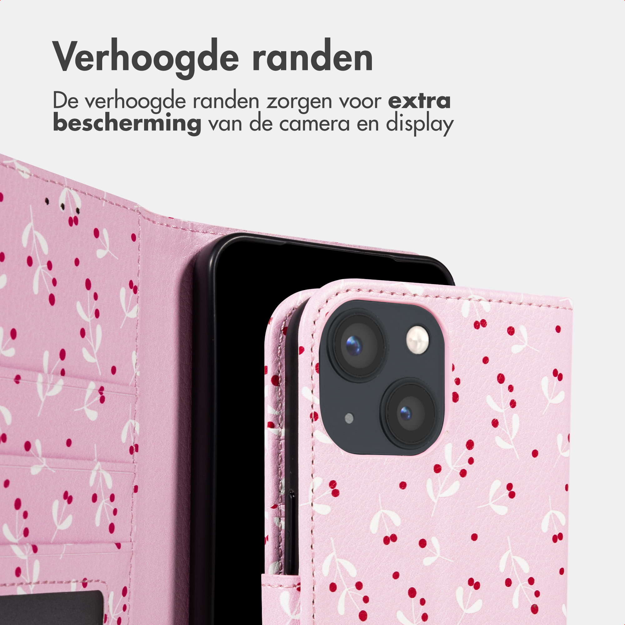 Roze telefoonhoes met bloemenpatroon, camera en kaartsleuven.