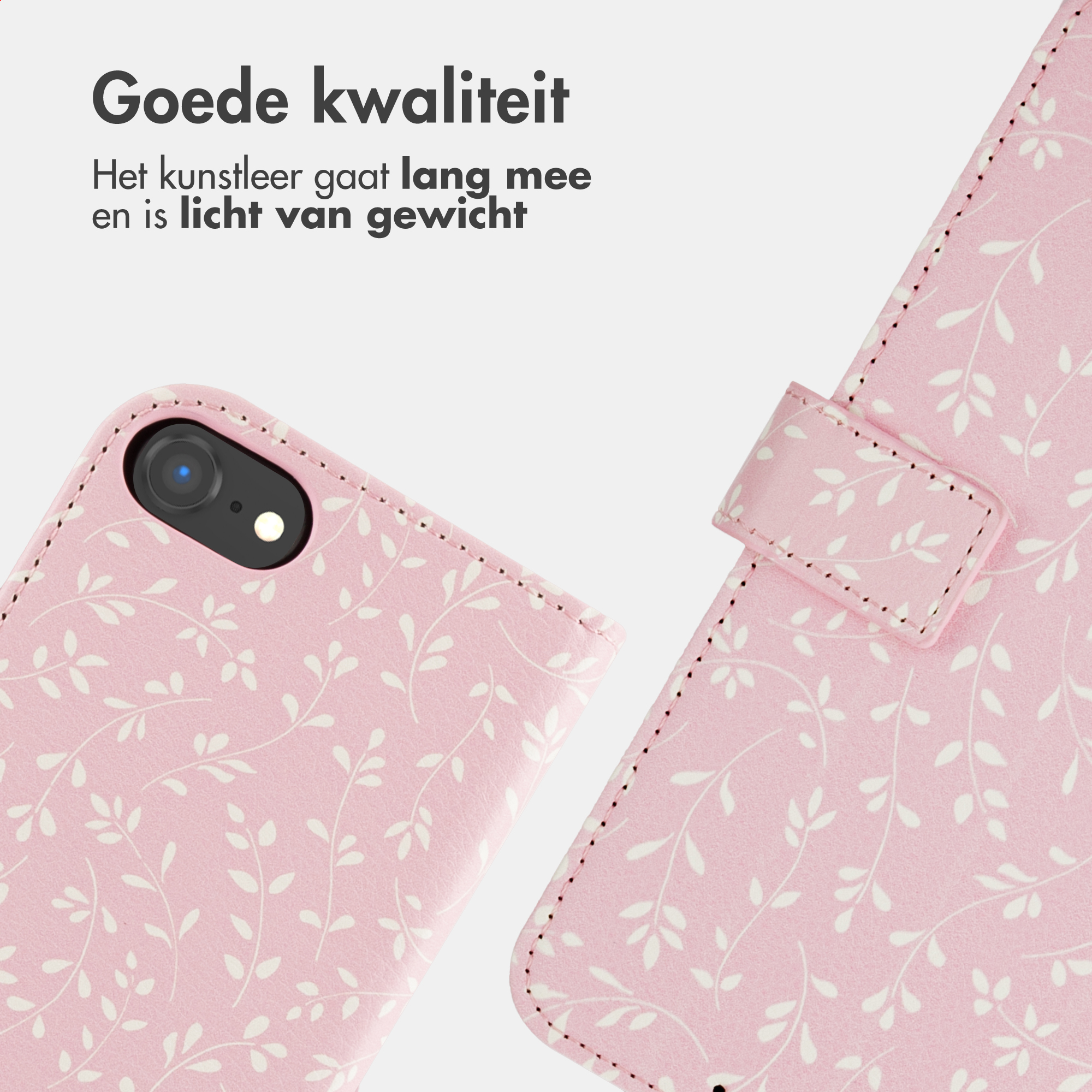 Roze telefoonhoes met wit bladerpatroon, camera-opening en magneetsluiting.