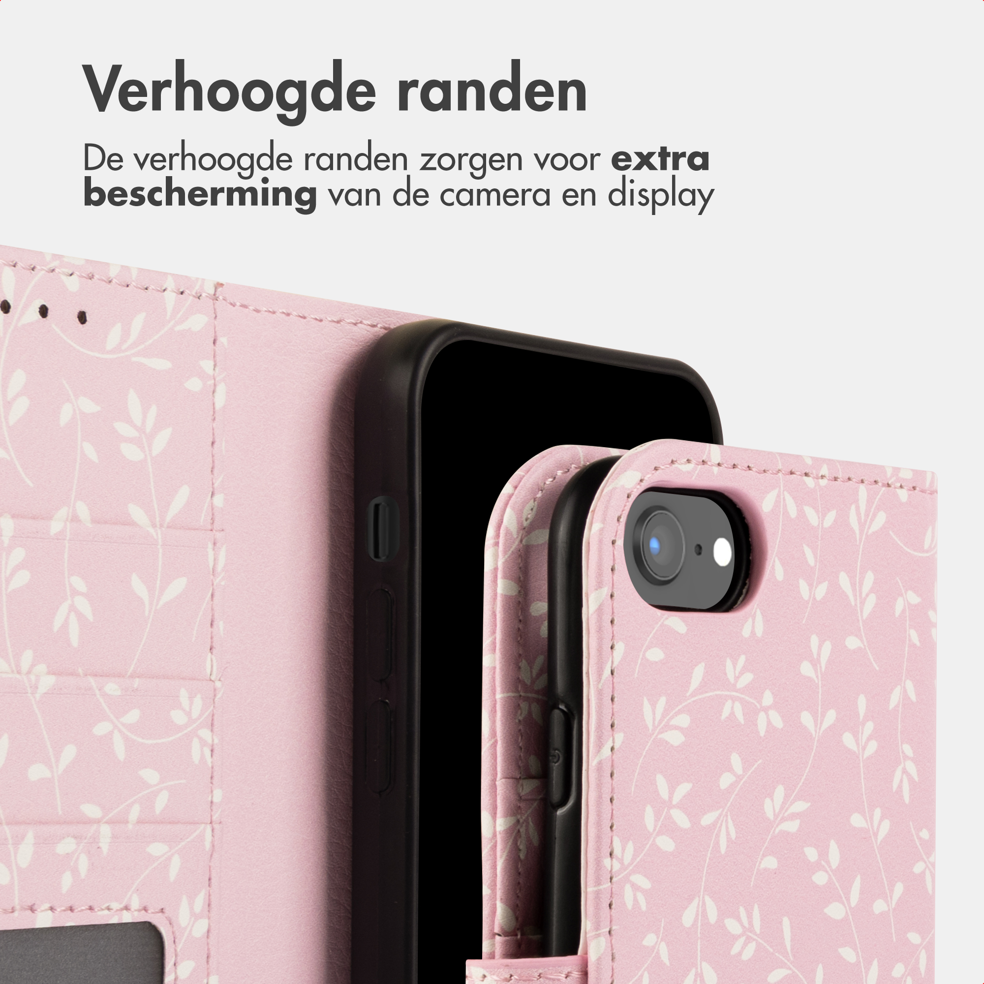 Een roze telefoonhoes met wit bladerpatroon. De rand is verhoogd.