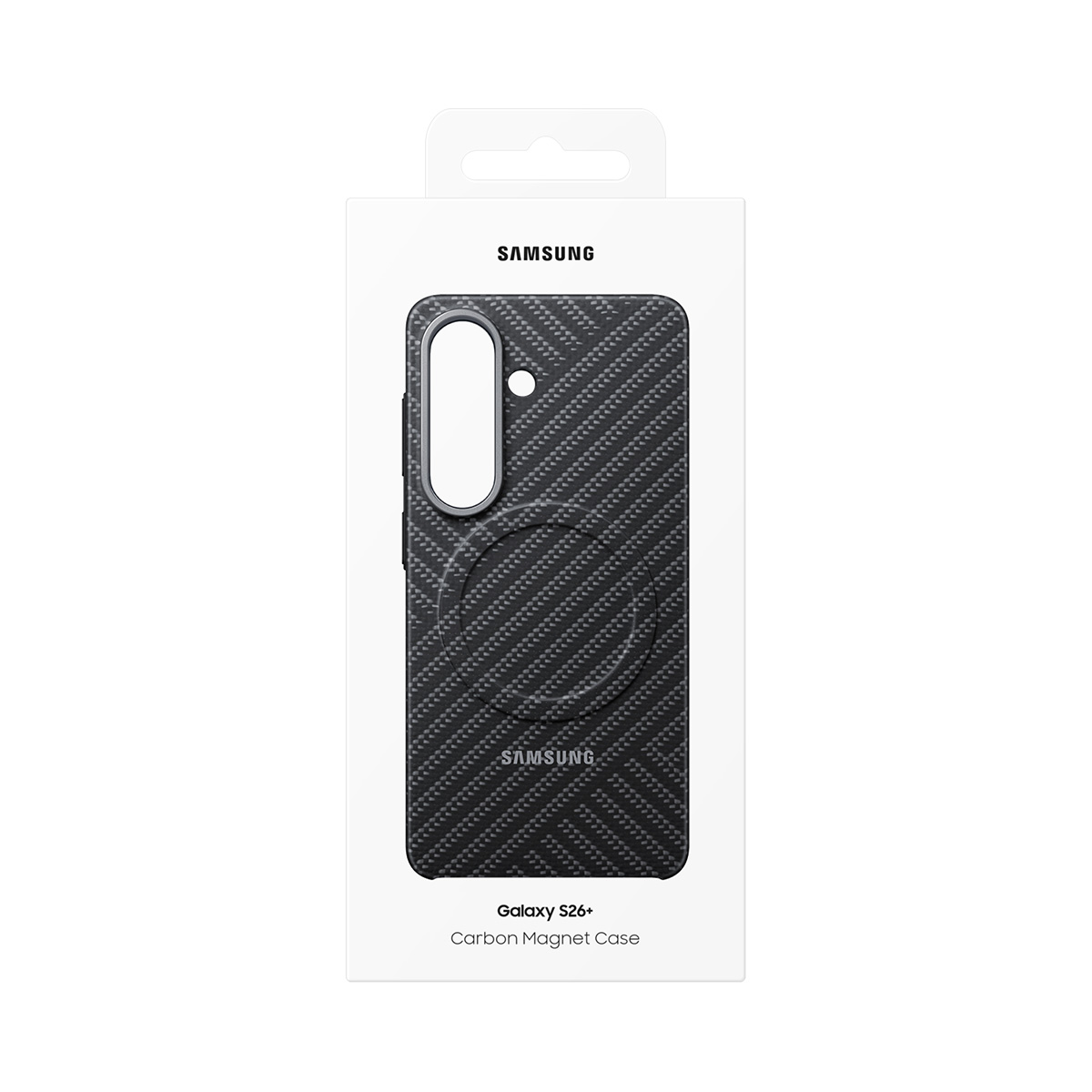Samsung Galaxy S26+ Carbon Magneet Case in verpakking.