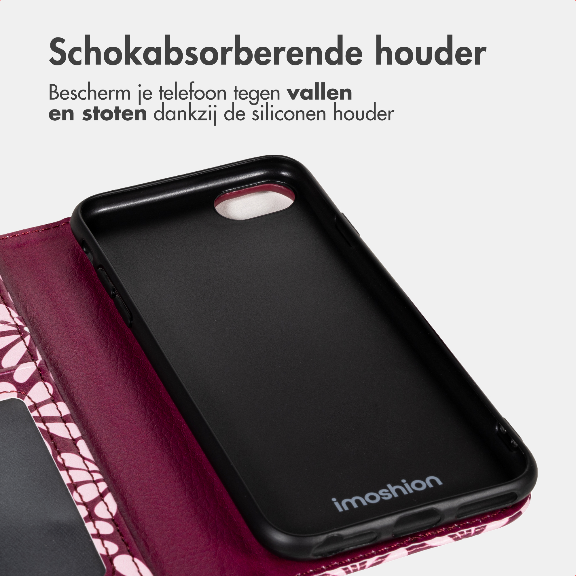 Cover nera per telefono con logo imoshion, aperta su cover rosso scuro.