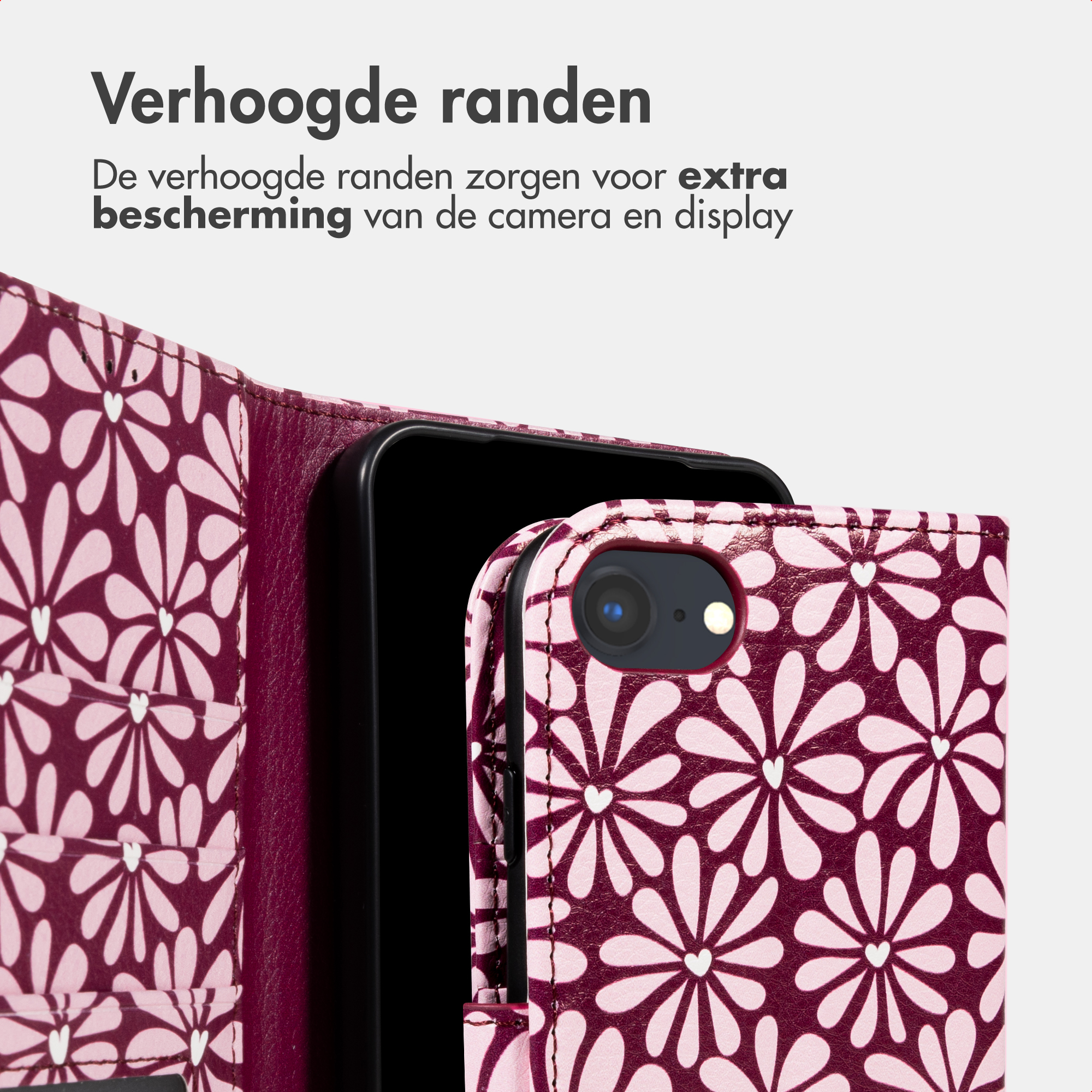 Una custodia per telefono rosso scuro con motivo floreale rosa chiaro. La fotocamera è visibile.