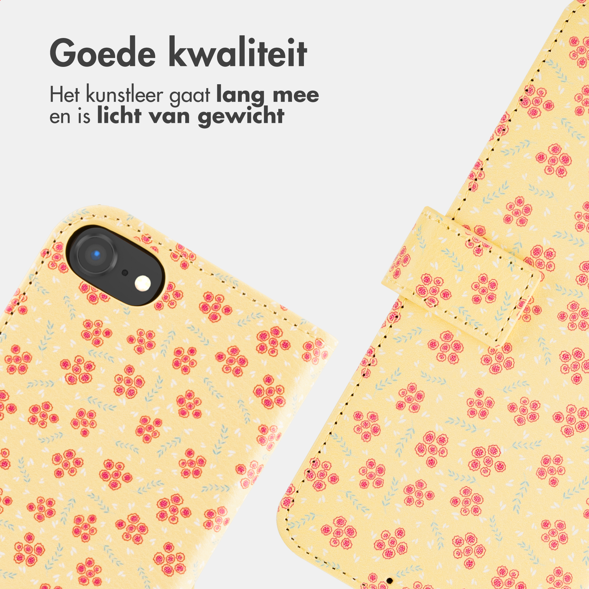 Coque de téléphone jaune à motif floral et découpe caméra.