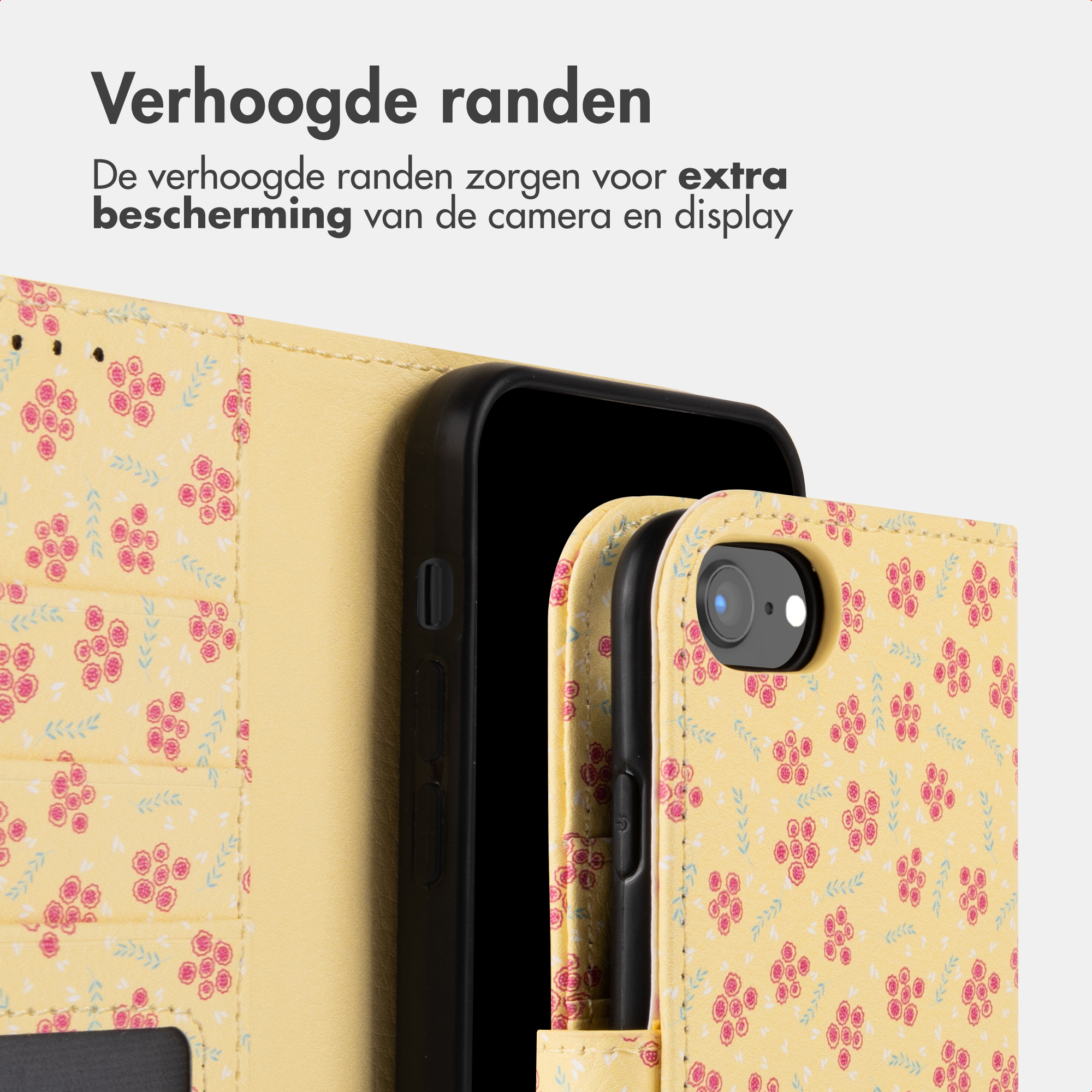 Coque de téléphone jaune à motif floral rose et ouverture caméra.