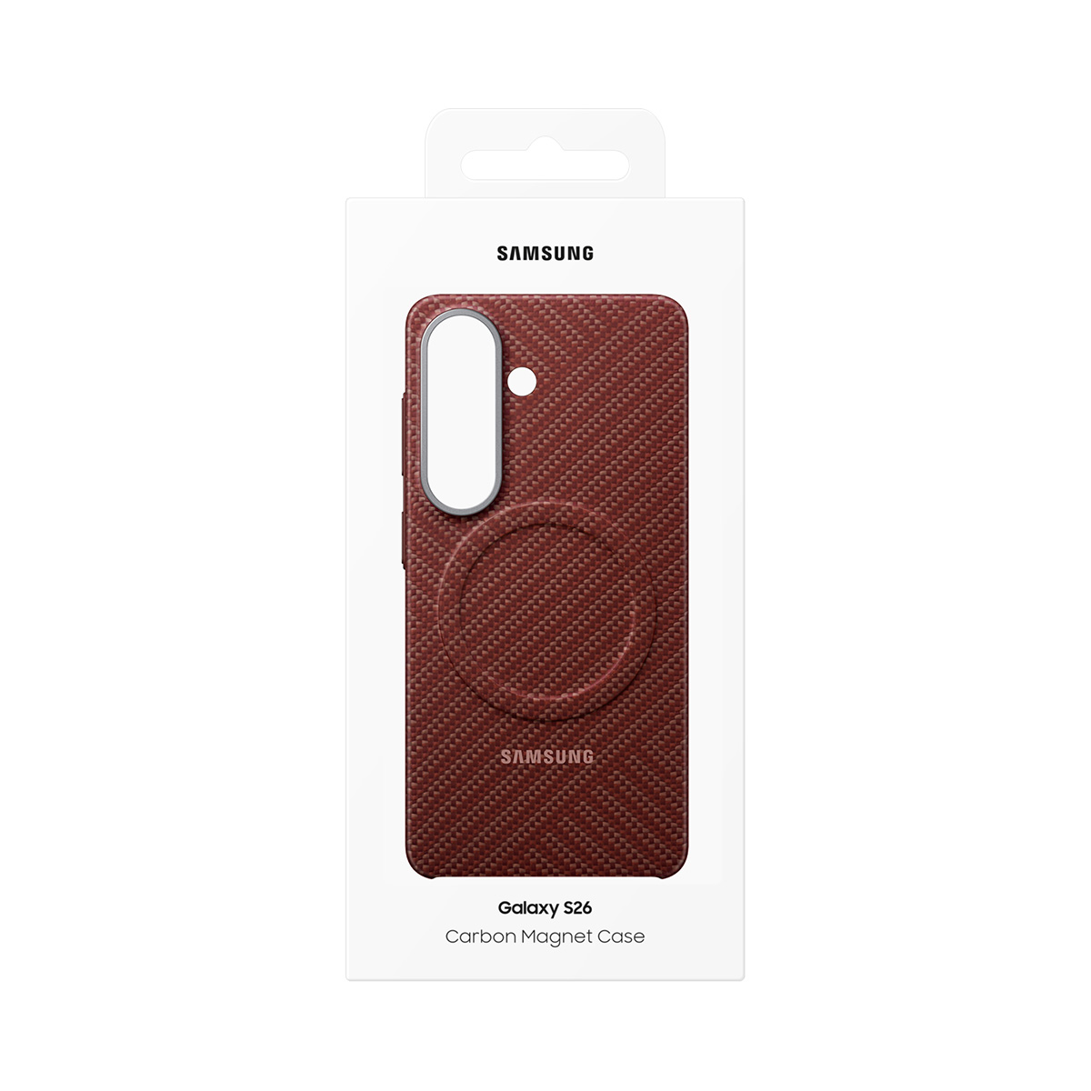 Samsung Galaxy S26 Carbon Magnet Case in Rot mit texturiertem Muster, in Verpackung.